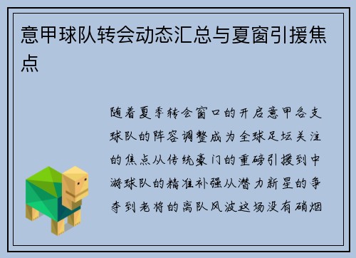意甲球队转会动态汇总与夏窗引援焦点