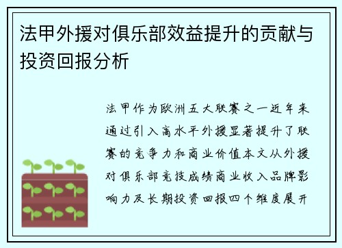 法甲外援对俱乐部效益提升的贡献与投资回报分析